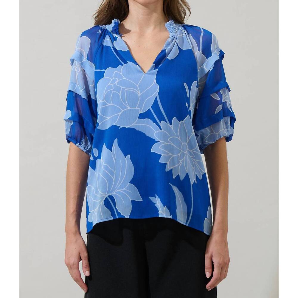 NEW SUGAR + LIPS seabloom floral terrie ruffle blouse in cobalt blue